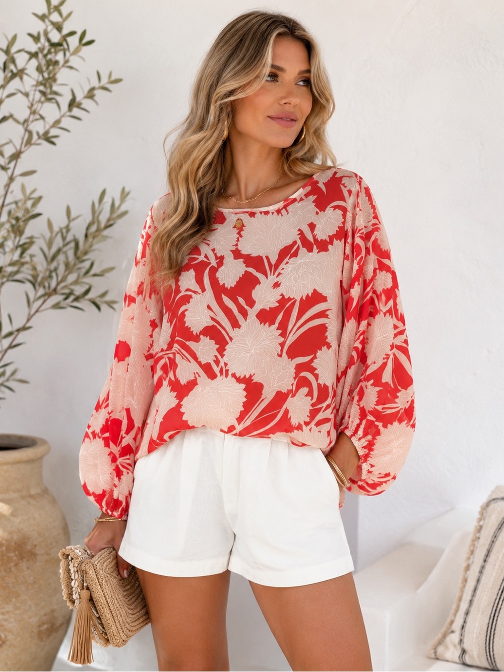 Club Monaco Coral and Cream Floral Balloon-Sleeve Blouse Silk